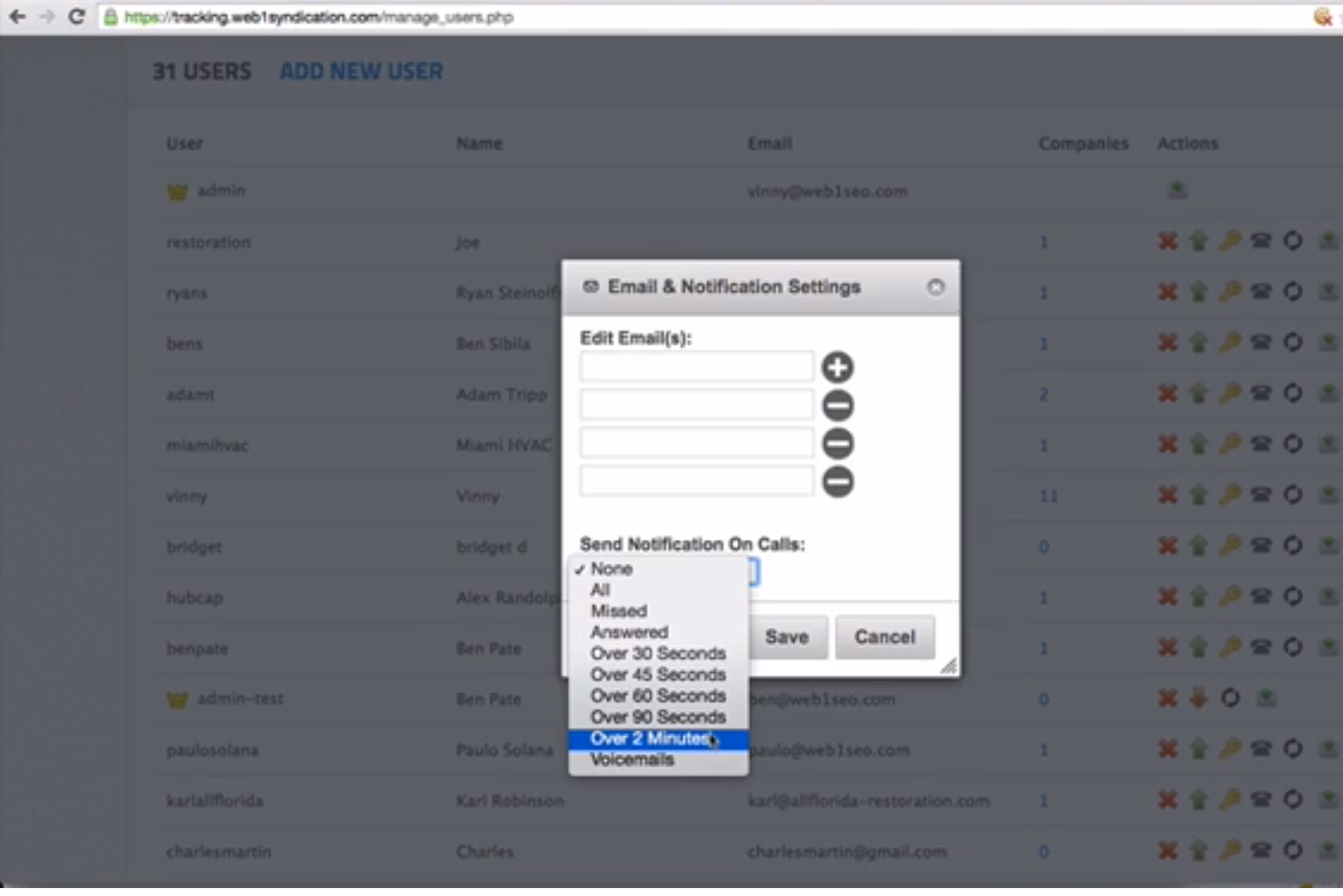 screenshot of Analytic Call Tracking